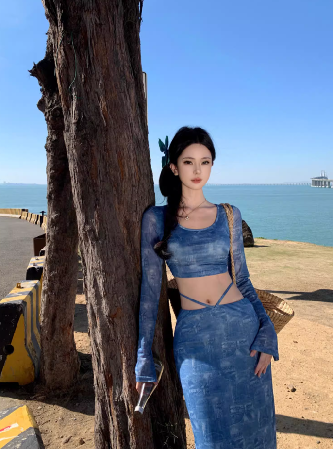 Fashionable Two-Piece Set Crop Top Maxi Dress Boho Style Sheer Long-Sleeve Sheath Long Dress AP1245