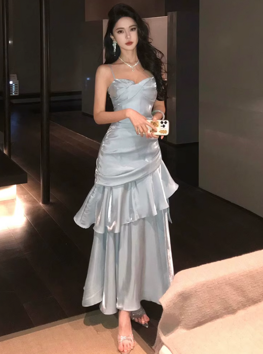 Gorgeous Tiered Hem Sheath Mermaid Maxi Dress Blue Lustrous Fabric Spaghetti Strap Long Dress AP1247