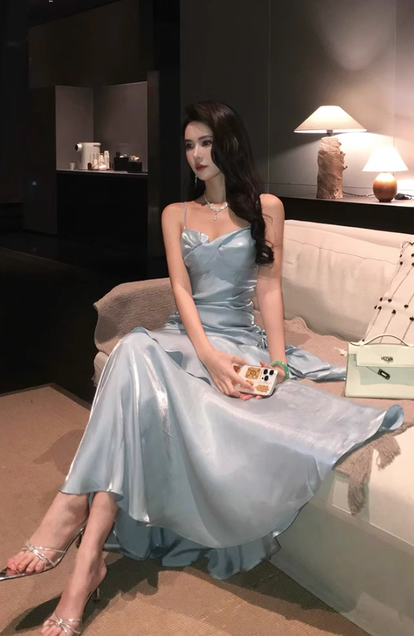 Gorgeous Tiered Hem Sheath Mermaid Maxi Dress Blue Lustrous Fabric Spaghetti Strap Long Dress AP1247