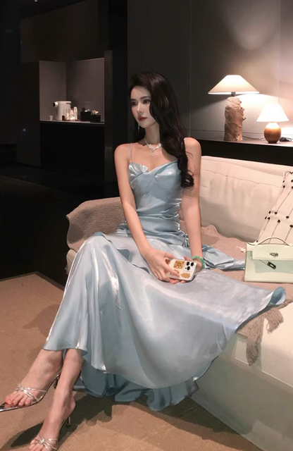 Gorgeous Tiered Hem Sheath Mermaid Maxi Dress Blue Lustrous Fabric Spaghetti Strap Long Dress AP1247