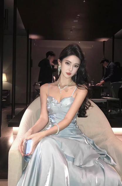 Gorgeous Tiered Hem Sheath Mermaid Maxi Dress Blue Lustrous Fabric Spaghetti Strap Long Dress AP1247