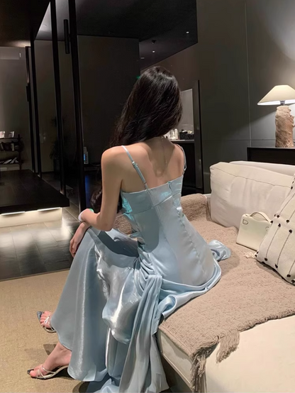 Gorgeous Tiered Hem Sheath Mermaid Maxi Dress Blue Lustrous Fabric Spaghetti Strap Long Dress AP1247