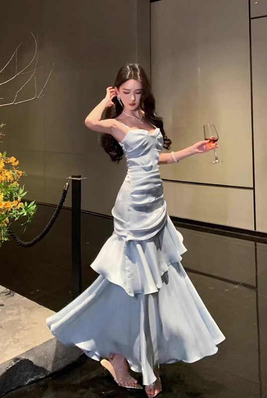 Gorgeous Tiered Hem Sheath Mermaid Maxi Dress Blue Lustrous Fabric Spaghetti Strap Long Dress AP1247