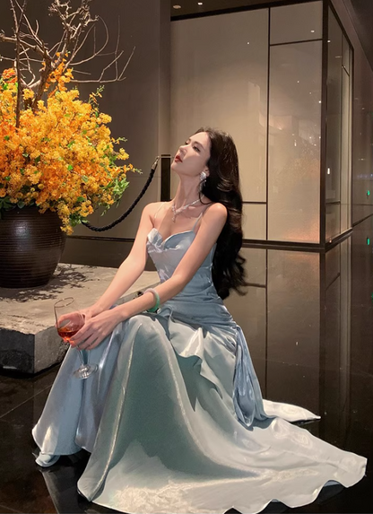 Gorgeous Tiered Hem Sheath Mermaid Maxi Dress Blue Lustrous Fabric Spaghetti Strap Long Dress AP1247