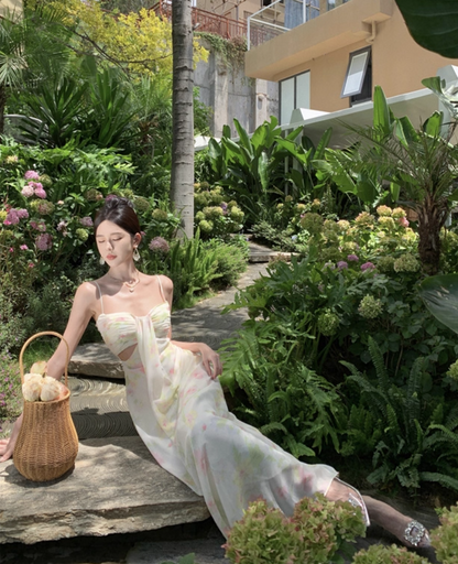 French-Inspired Beachfront Shoots Open-Waist Maxi Dress Ruched Floral Printed Spaghetti Strap Long Dress AP1248