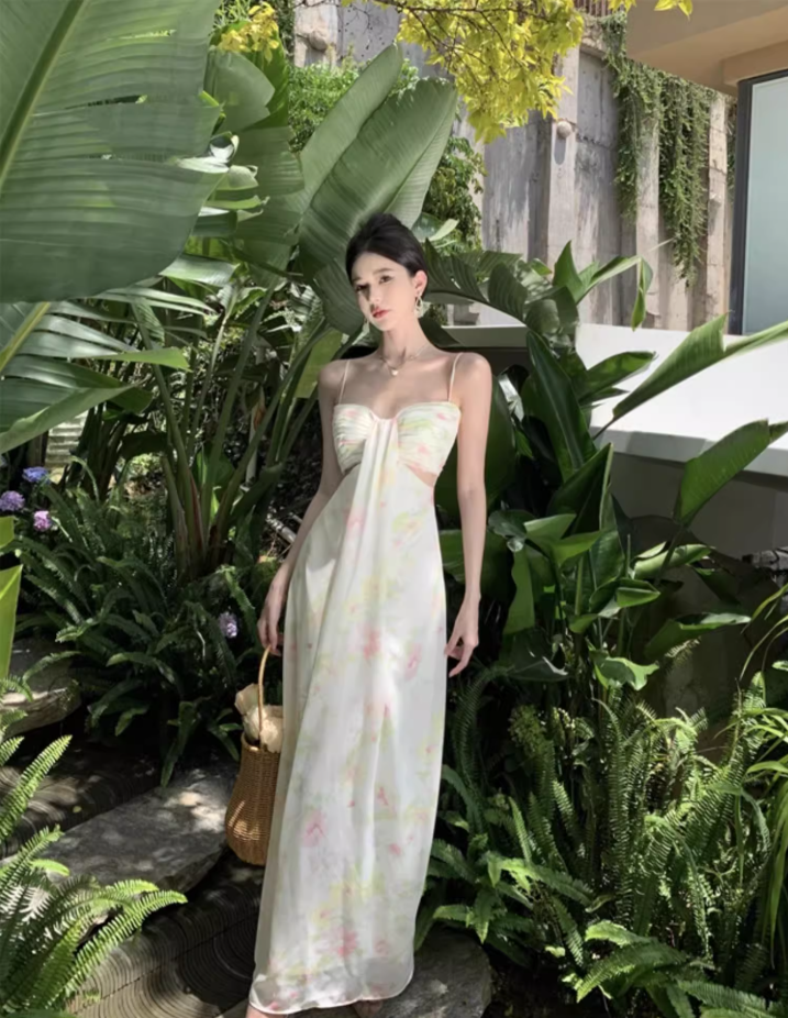 French-Inspired Beachfront Shoots Open-Waist Maxi Dress Ruched Floral Printed Spaghetti Strap Long Dress AP1248