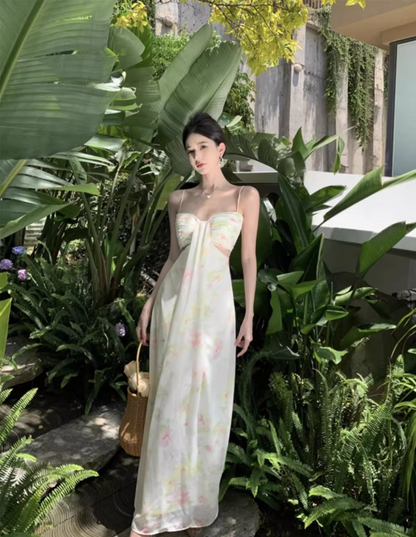 French-Inspired Beachfront Shoots Open-Waist Maxi Dress Ruched Floral Printed Spaghetti Strap Long Dress AP1248