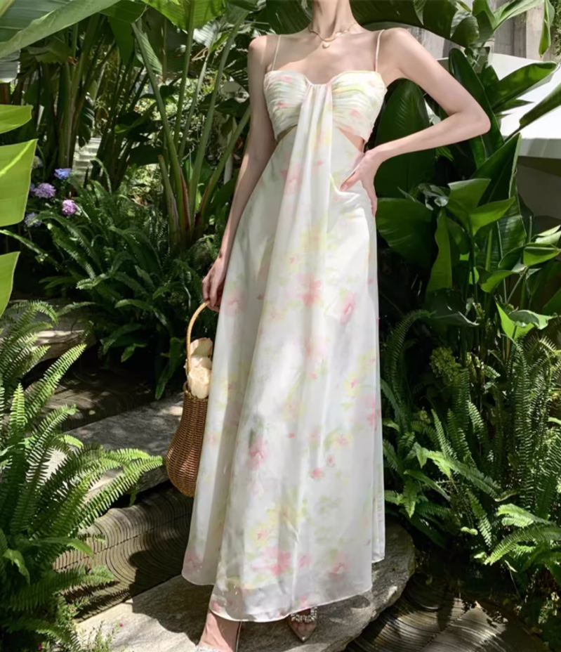 French-Inspired Beachfront Shoots Open-Waist Maxi Dress Ruched Floral Printed Spaghetti Strap Long Dress AP1248