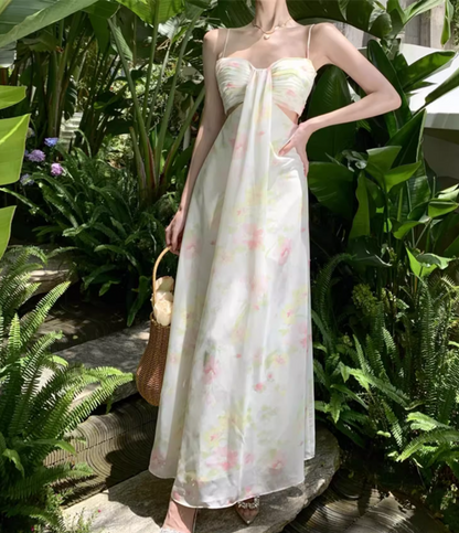 French-Inspired Beachfront Shoots Open-Waist Maxi Dress Ruched Floral Printed Spaghetti Strap Long Dress AP1248