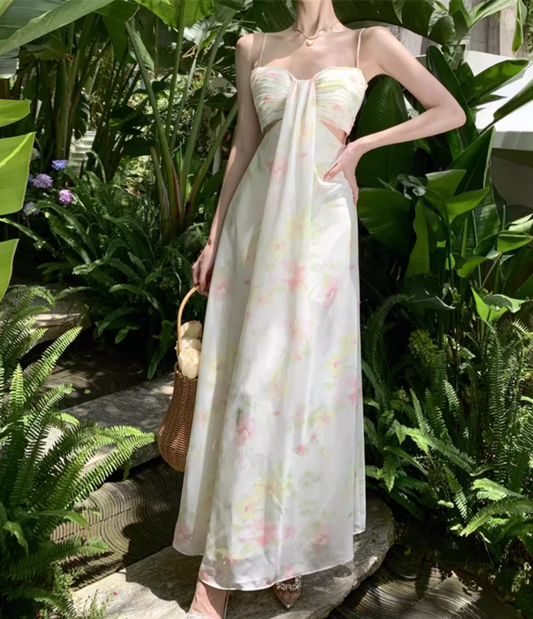 French-Inspired Beachfront Shoots Open-Waist Maxi Dress Ruched Floral Printed Spaghetti Strap Long Dress AP1248