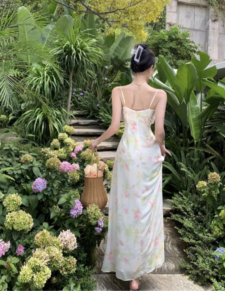 French-Inspired Beachfront Shoots Open-Waist Maxi Dress Ruched Floral Printed Spaghetti Strap Long Dress AP1248
