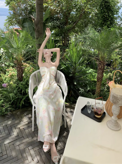 French-Inspired Beachfront Shoots Open-Waist Maxi Dress Ruched Floral Printed Spaghetti Strap Long Dress AP1248