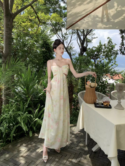 French-Inspired Beachfront Shoots Open-Waist Maxi Dress Ruched Floral Printed Spaghetti Strap Long Dress AP1248