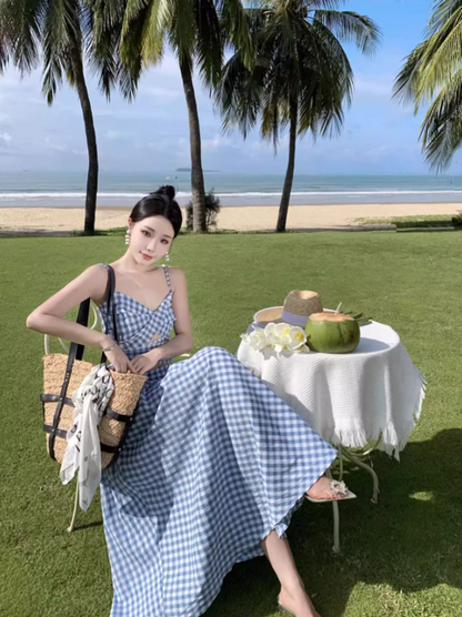 Romantic Travel Outfit Open-Waist Hollow-Out Maxi Dress Checkered Design Spaghetti Strap Long Dress AP1249