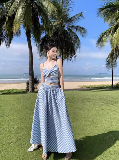 Romantic Travel Outfit Open-Waist Hollow-Out Maxi Dress Checkered Design Spaghetti Strap Long Dress AP1249