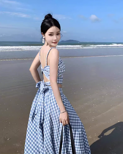 Romantic Travel Outfit Open-Waist Hollow-Out Maxi Dress Checkered Design Spaghetti Strap Long Dress AP1249