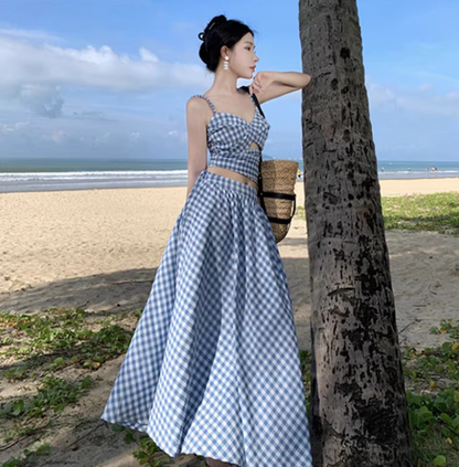 Romantic Travel Outfit Open-Waist Hollow-Out Maxi Dress Checkered Design Spaghetti Strap Long Dress AP1249