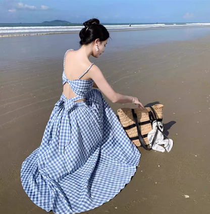 Romantic Travel Outfit Open-Waist Hollow-Out Maxi Dress Checkered Design Spaghetti Strap Long Dress AP1249