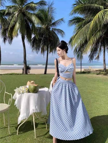 Romantic Travel Outfit Open-Waist Hollow-Out Maxi Dress Checkered Design Spaghetti Strap Long Dress AP1249
