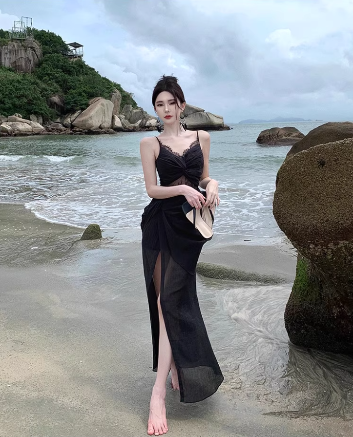 Alluring Sheer Lace Splicing Travel Outfit Maxi Dress Charming Spaghetti Strap Black Draped High-Slit Long Dress AP1250