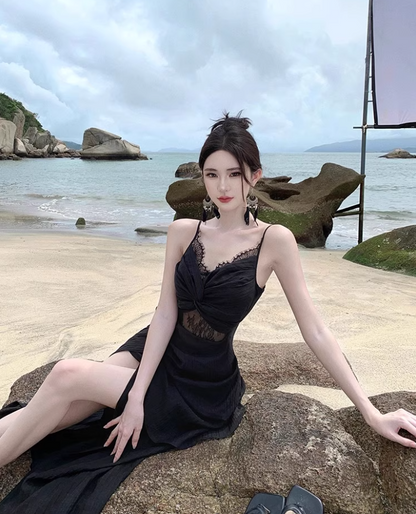 Alluring Sheer Lace Splicing Travel Outfit Maxi Dress Charming Spaghetti Strap Black Draped High-Slit Long Dress AP1250