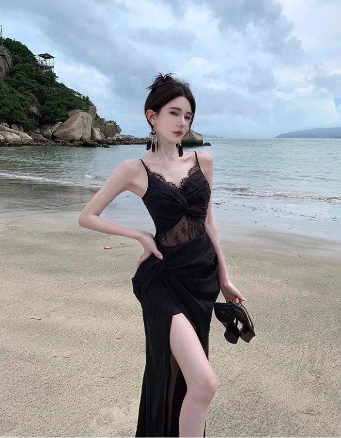 Alluring Sheer Lace Splicing Travel Outfit Maxi Dress Charming Spaghetti Strap Black Draped High-Slit Long Dress AP1250