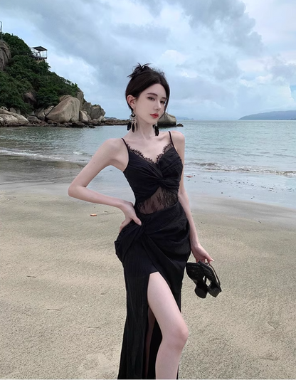 Alluring Sheer Lace Splicing Travel Outfit Maxi Dress Charming Spaghetti Strap Black Draped High-Slit Long Dress AP1250