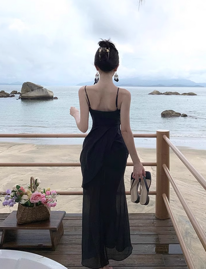 Alluring Sheer Lace Splicing Travel Outfit Maxi Dress Charming Spaghetti Strap Black Draped High-Slit Long Dress AP1250