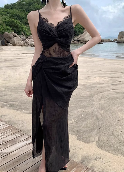 Alluring Sheer Lace Splicing Travel Outfit Maxi Dress Charming Spaghetti Strap Black Draped High-Slit Long Dress AP1250