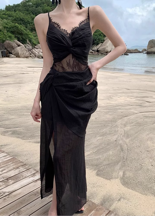 Alluring Sheer Lace Splicing Travel Outfit Maxi Dress Charming Spaghetti Strap Black Draped High-Slit Long Dress AP1250