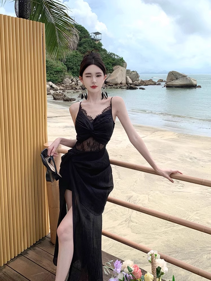 Alluring Sheer Lace Splicing Travel Outfit Maxi Dress Charming Spaghetti Strap Black Draped High-Slit Long Dress AP1250