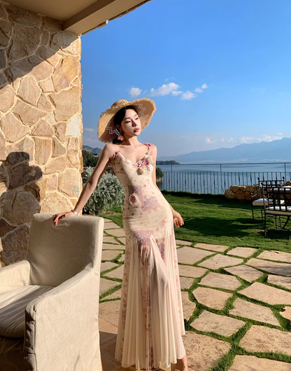 New Arrival Travel Outfit Sheer Lace Splicing Maxi Dress Chic Stereo Flowers Open-Back Floral-Print Long Dress AP1251