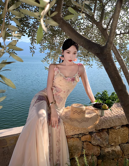 New Arrival Travel Outfit Sheer Lace Splicing Maxi Dress Chic Stereo Flowers Open-Back Floral-Print Long Dress AP1251