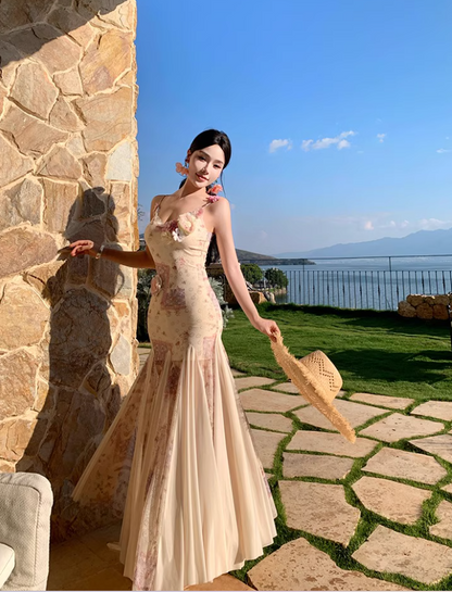 New Arrival Travel Outfit Sheer Lace Splicing Maxi Dress Chic Stereo Flowers Open-Back Floral-Print Long Dress AP1251