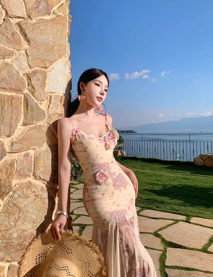 New Arrival Travel Outfit Sheer Lace Splicing Maxi Dress Chic Stereo Flowers Open-Back Floral-Print Long Dress AP1251