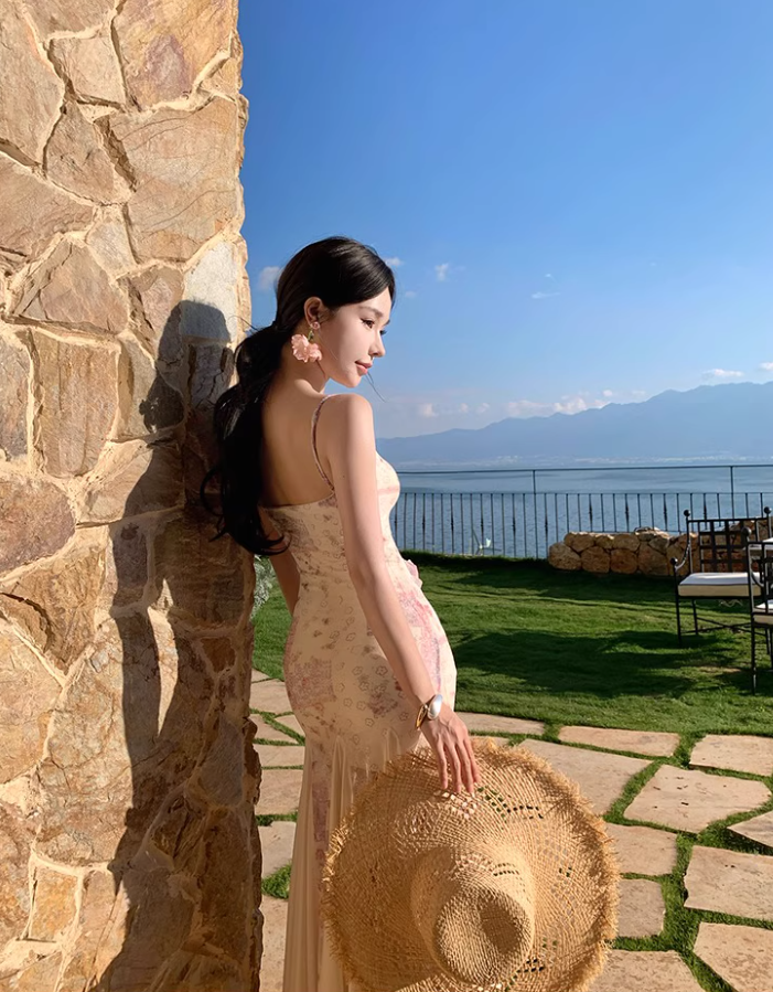 New Arrival Travel Outfit Sheer Lace Splicing Maxi Dress Chic Stereo Flowers Open-Back Floral-Print Long Dress AP1251