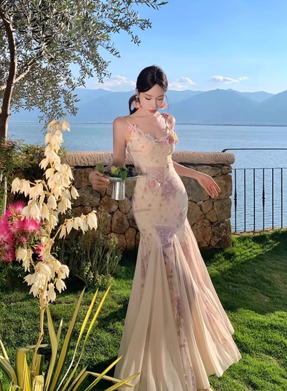 New Arrival Travel Outfit Sheer Lace Splicing Maxi Dress Chic Stereo Flowers Open-Back Floral-Print Long Dress AP1251