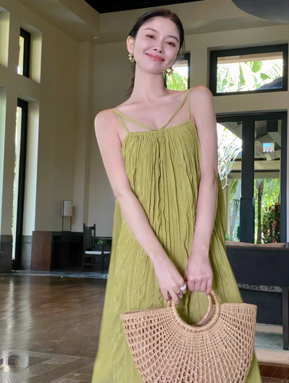 New Tendency Travel Outfit Breathable Fabric Maxi Dress Vibrant Green Flowy Loose Style Long Dress AP1252