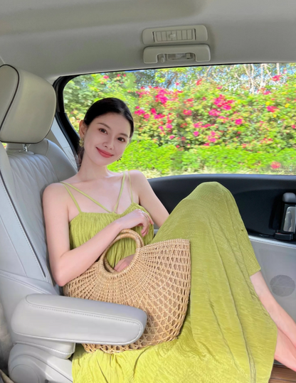 New Tendency Travel Outfit Breathable Fabric Maxi Dress Vibrant Green Flowy Loose Style Long Dress AP1252