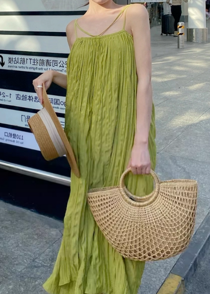New Tendency Travel Outfit Breathable Fabric Maxi Dress Vibrant Green Flowy Loose Style Long Dress AP1252