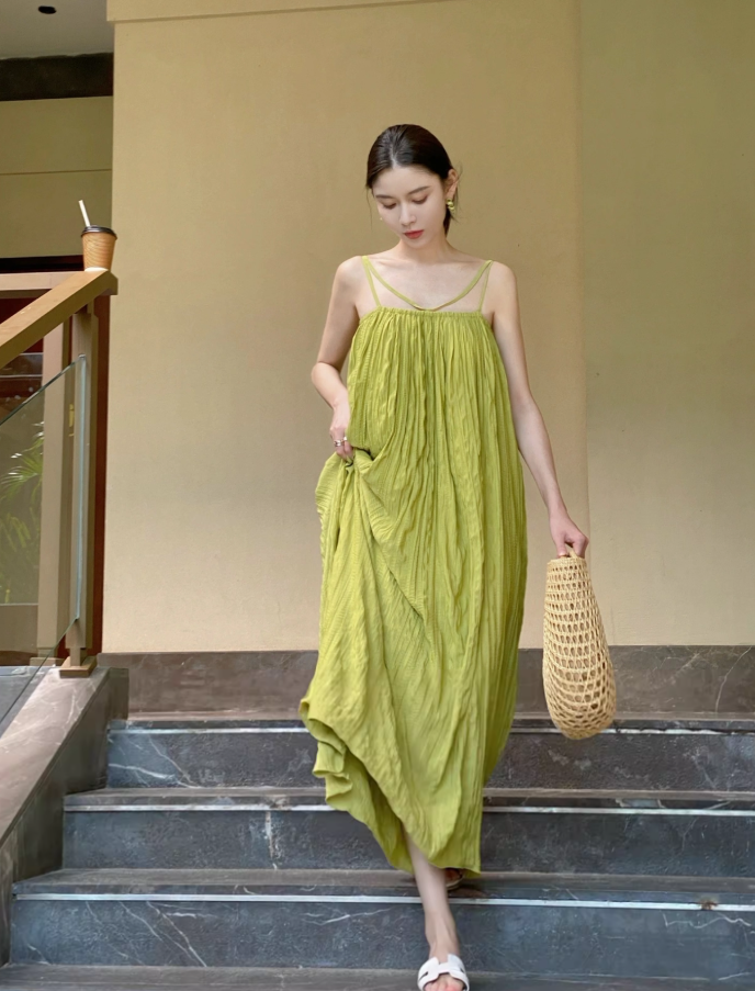 New Tendency Travel Outfit Breathable Fabric Maxi Dress Vibrant Green Flowy Loose Style Long Dress AP1252
