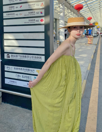 New Tendency Travel Outfit Breathable Fabric Maxi Dress Vibrant Green Flowy Loose Style Long Dress AP1252