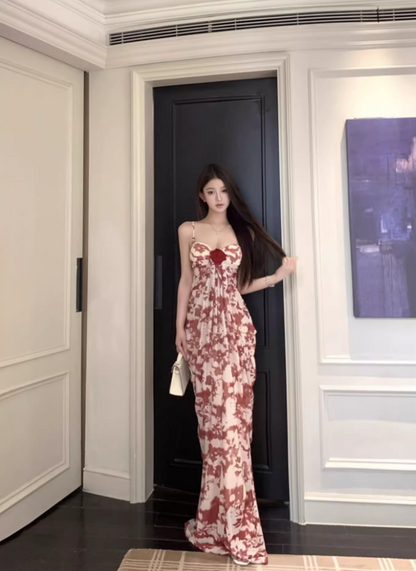 Vintage Everyday Wear Stereo Flower Maxi Dress Chic Breathable Fabric Sweetheart Neck Long Dress AP1253