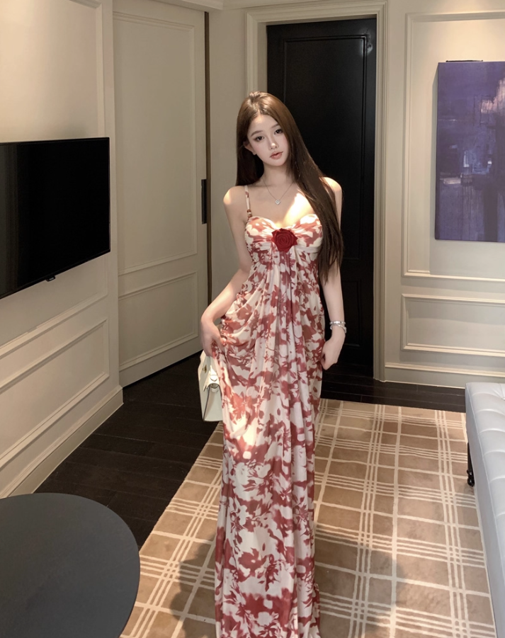 Vintage Everyday Wear Stereo Flower Maxi Dress Chic Breathable Fabric Sweetheart Neck Long Dress AP1253