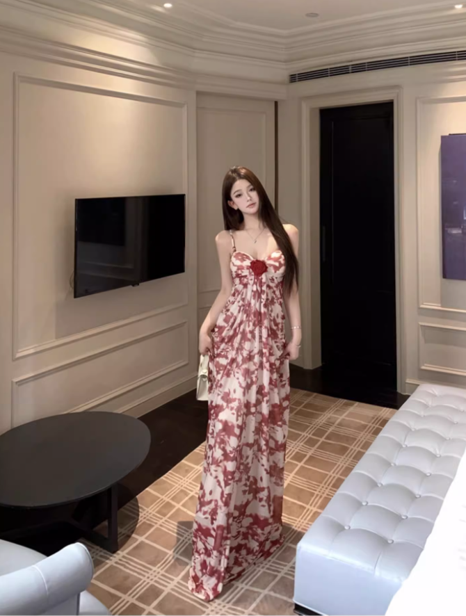 Vintage Everyday Wear Stereo Flower Maxi Dress Chic Breathable Fabric Sweetheart Neck Long Dress AP1253