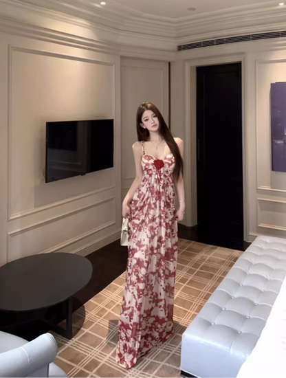 Vintage Everyday Wear Stereo Flower Maxi Dress Chic Breathable Fabric Sweetheart Neck Long Dress AP1253