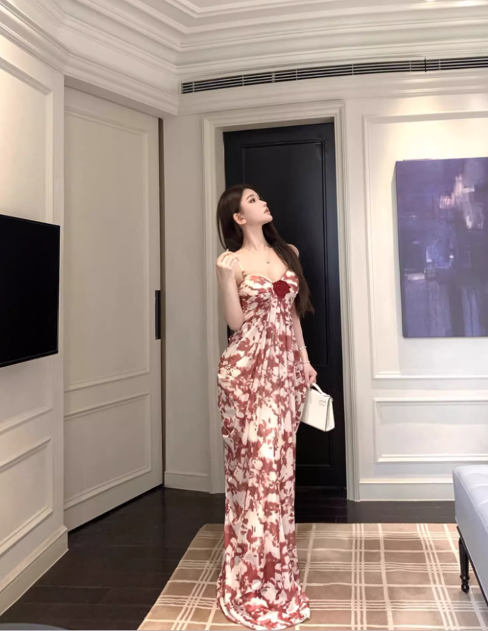 Vintage Everyday Wear Stereo Flower Maxi Dress Chic Breathable Fabric Sweetheart Neck Long Dress AP1253