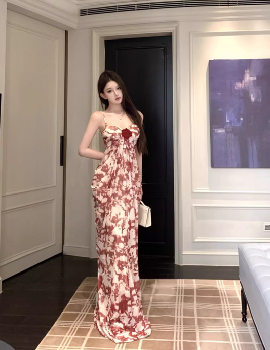 Vintage Everyday Wear Stereo Flower Maxi Dress Chic Breathable Fabric Sweetheart Neck Long Dress AP1253