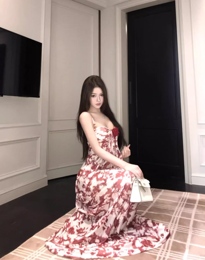 Vintage Everyday Wear Stereo Flower Maxi Dress Chic Breathable Fabric Sweetheart Neck Long Dress AP1253