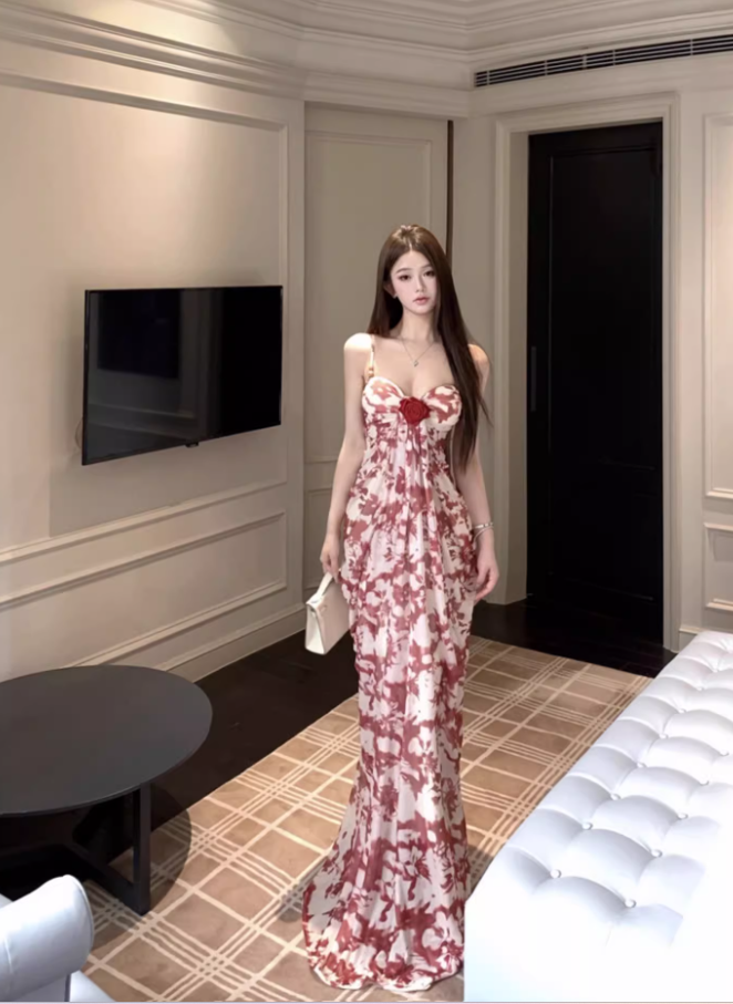 Vintage Everyday Wear Stereo Flower Maxi Dress Chic Breathable Fabric Sweetheart Neck Long Dress AP1253